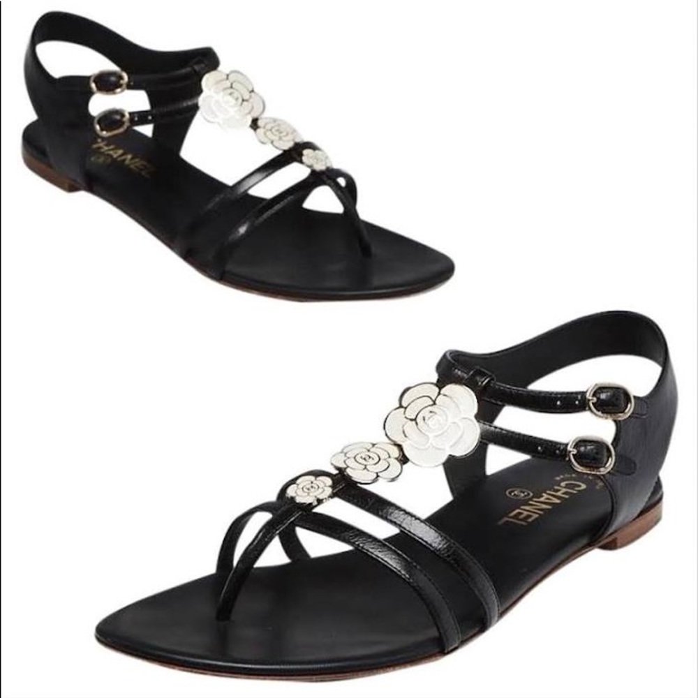 Chanel thongs crumpled calfskin enamel camellia